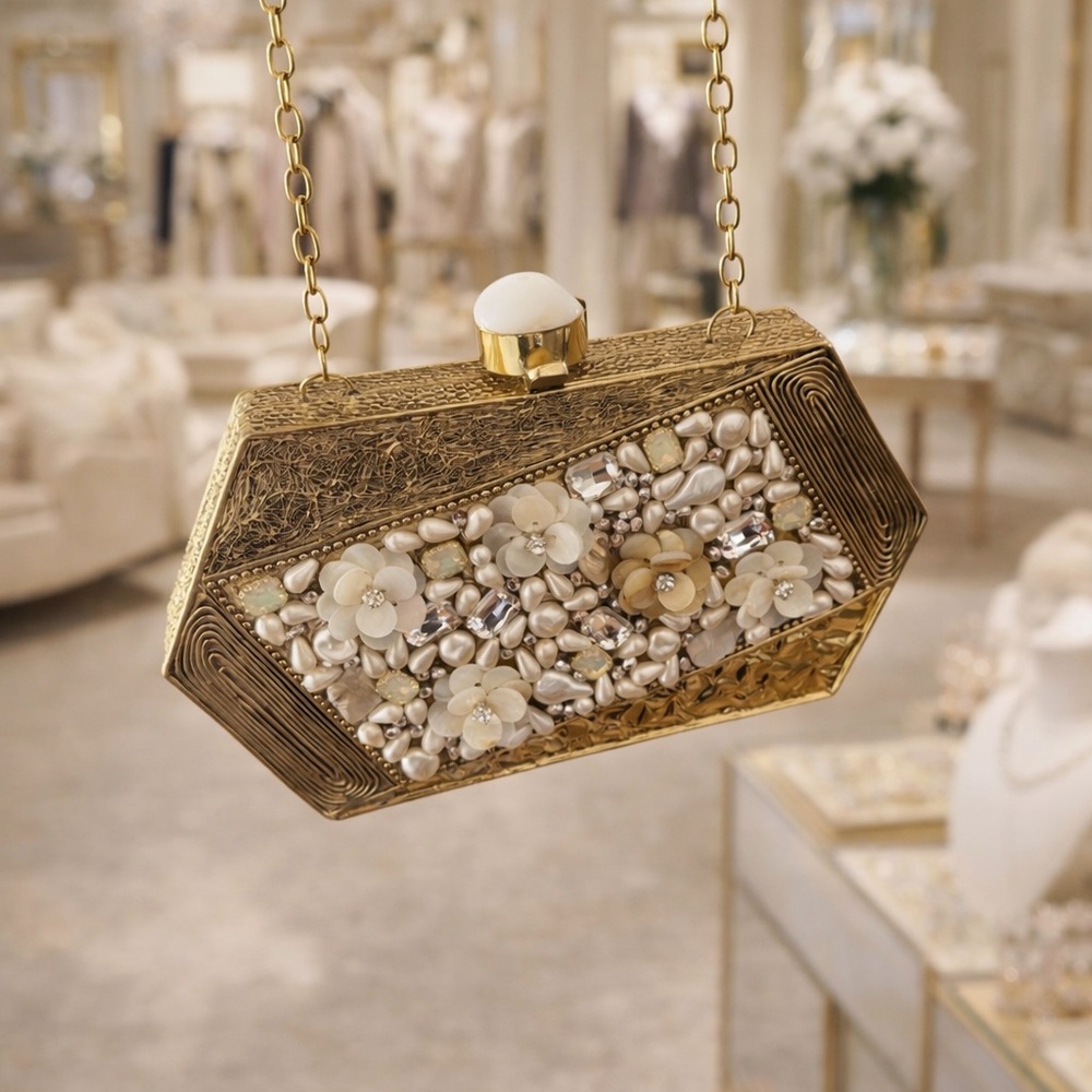 Gold Floral Pearl-Embellished Evening Clutch - Picture 7 of 7